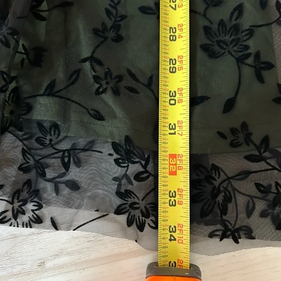 Olive Green Mesh Overlay Skirt Floral Velvet Burnout Midi A-Line Women’s M - Picture 5 of 11